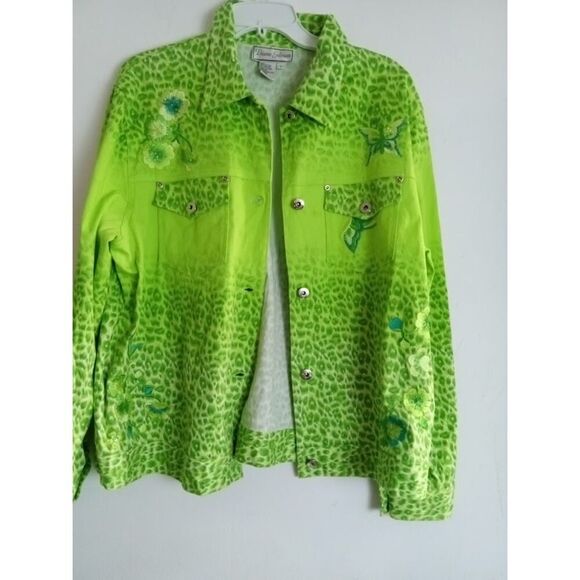 Diane Gilman Green Animal Print w/Embroidery Floral & Butterfly Jacket Large - Picture 2 of 10